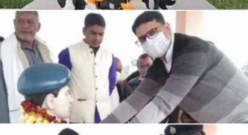 महराजगंज। पुलवामा हमले में शहीद हुए पंकज त्रिपाठी के गांव हरपुर में स्थापित शहीद स्मारक पर डीएम व एसपी ने की पुष्पांजलि