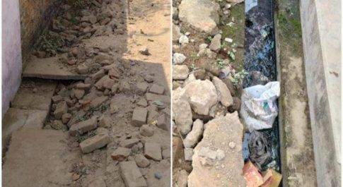 महराजगंज। बृजमनगंज की रामलीला पड़ाव के शिव मंदिर के पीछे मार्ग में बनी नाली खोल रहा विकास कार्यों का पोल