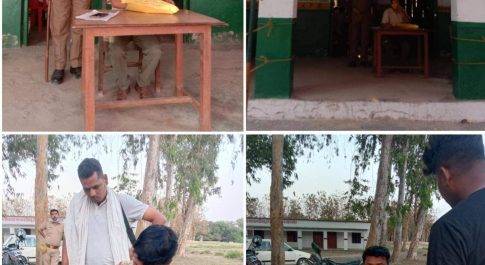 महाराजगंज। सहजनवां वावू ग्राम सभा के पोलिंग बूथ का निरीक्षण करते सेक्टर मजिस्ट्रेट व एस‌आई अनघ यादव