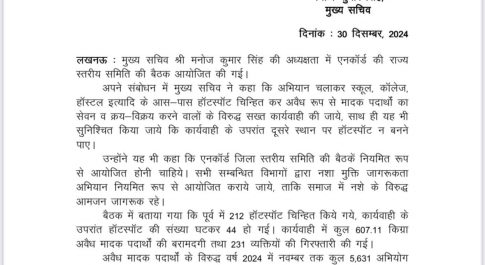 दिनेश कुमार गोयल एम0एल0सी0 द्वारा विधानसभा में उठाये मुददें पर मुख्य सचिव मनोज कुमार सिंह ने स्कूलों, हॉस्टलों के नजदीक मादक पदार्थों के हॉटस्पाट चिन्हित कार्यवाही की गयी